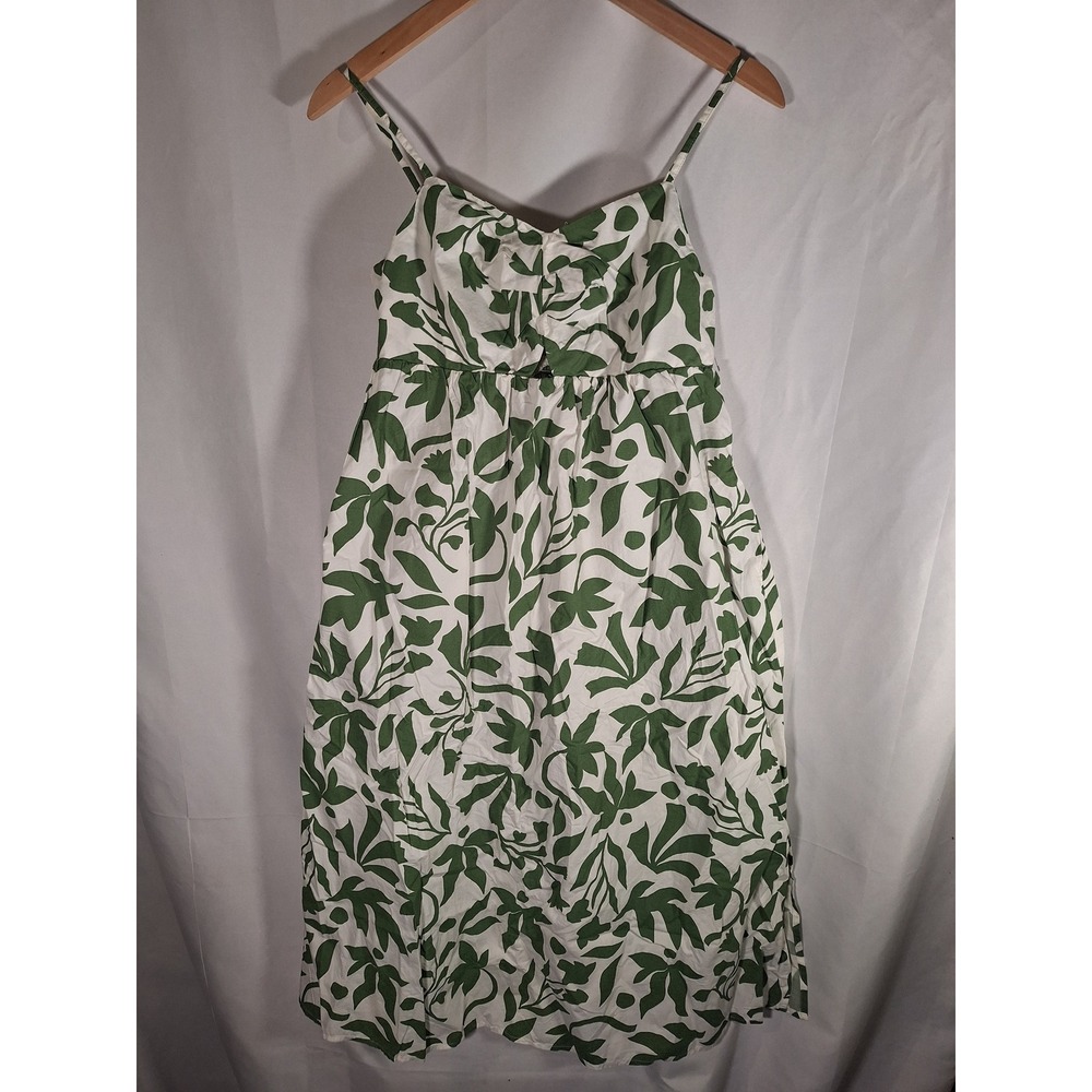 Time and Tru Womens Green White Botanical Leaf Smocked Midi Sundress XS 0-2
